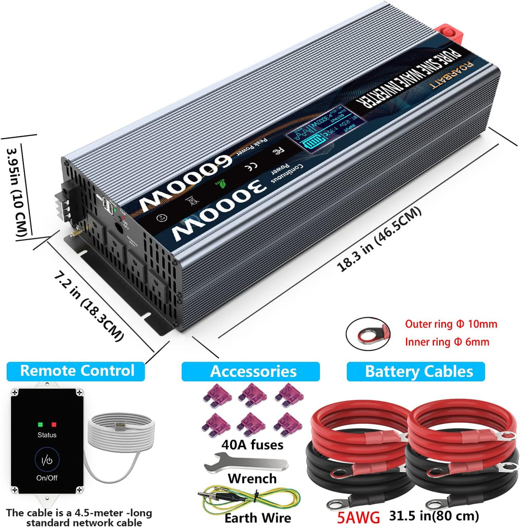 Pure Sine Wave Power Inverter 3000Watt 12V DC to AC 110V 120V with Remote Control 4 AC Outlets Dual USB Port G93921