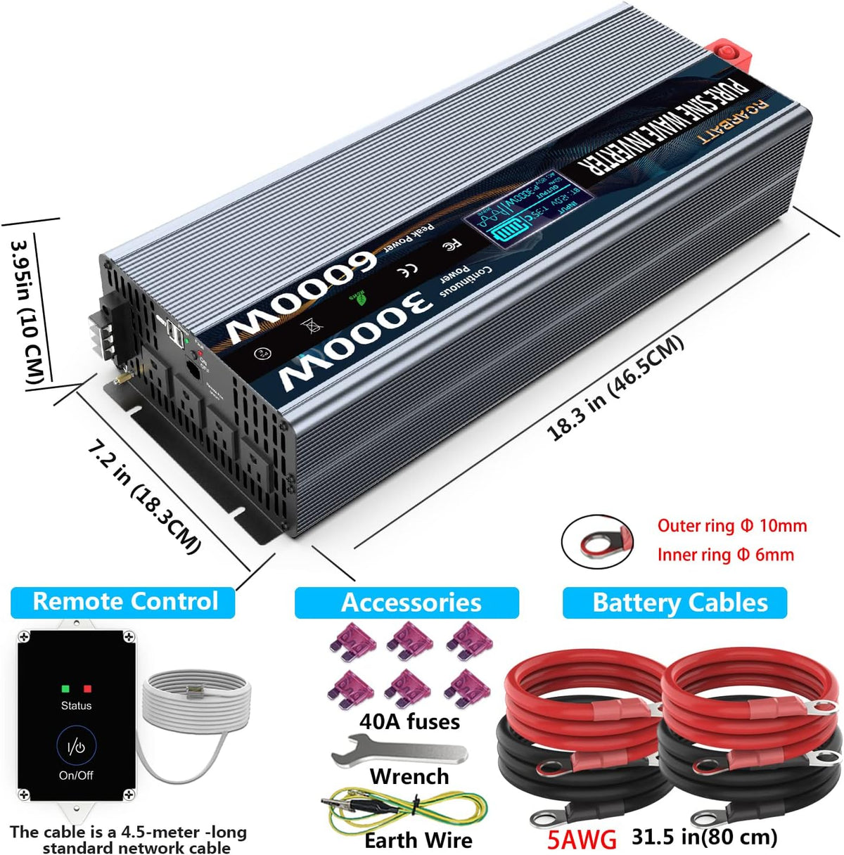 Pure Sine Wave Power Inverter 3000Watt 12V DC to AC 110V 120V with Remote Control 4 AC Outlets Dual USB Port G93921