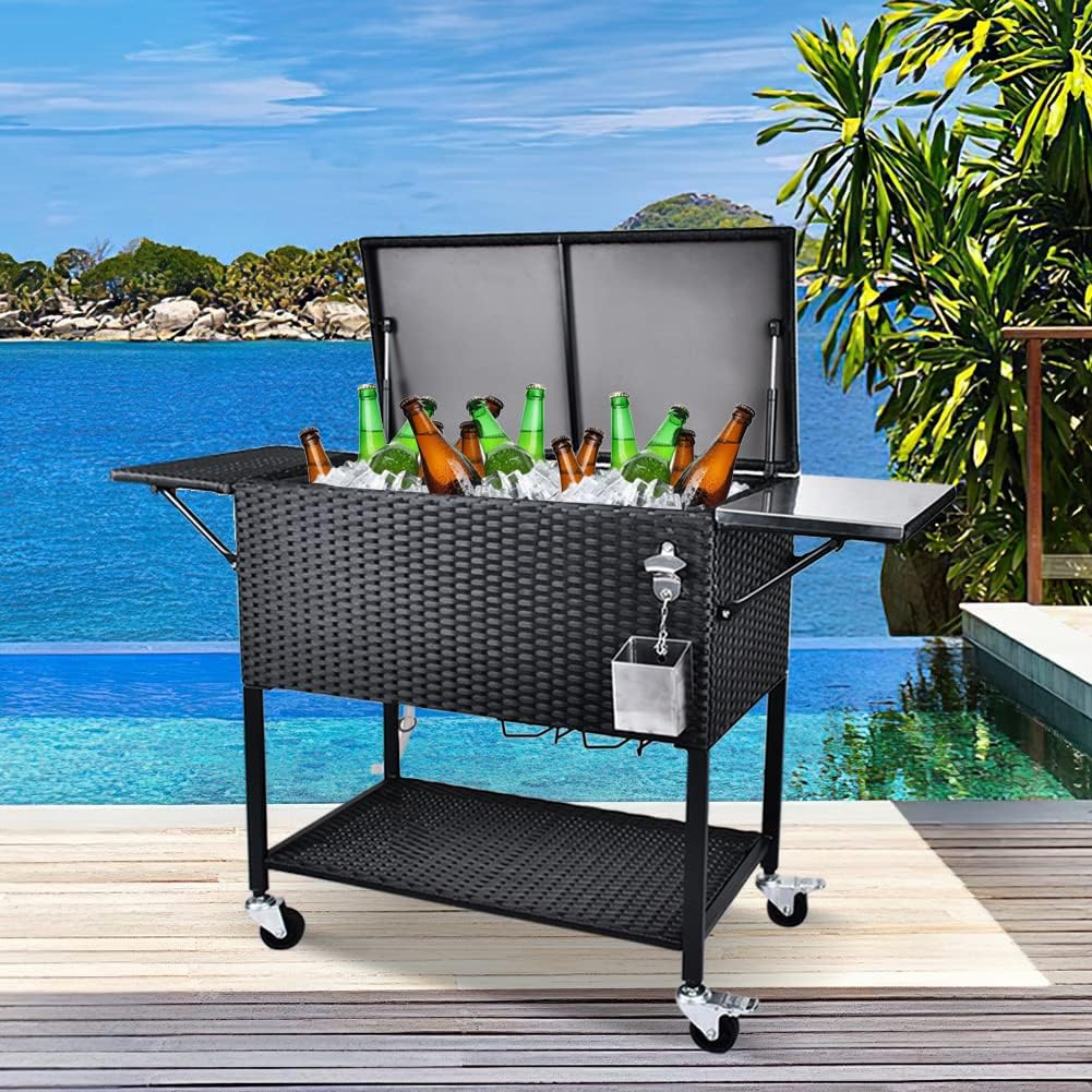 80 Quart Rattan Rolling Cooler Cart with Cutting Board Q815460