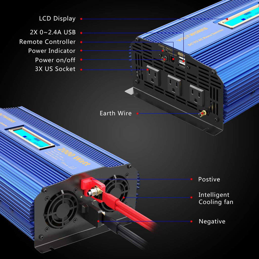 2000W DC 12V to AC 120V Modified Sine Wave Inverter with LCD Display Remote Control 3 AC Outlets Dual 2.4A USB Ports Q318121
