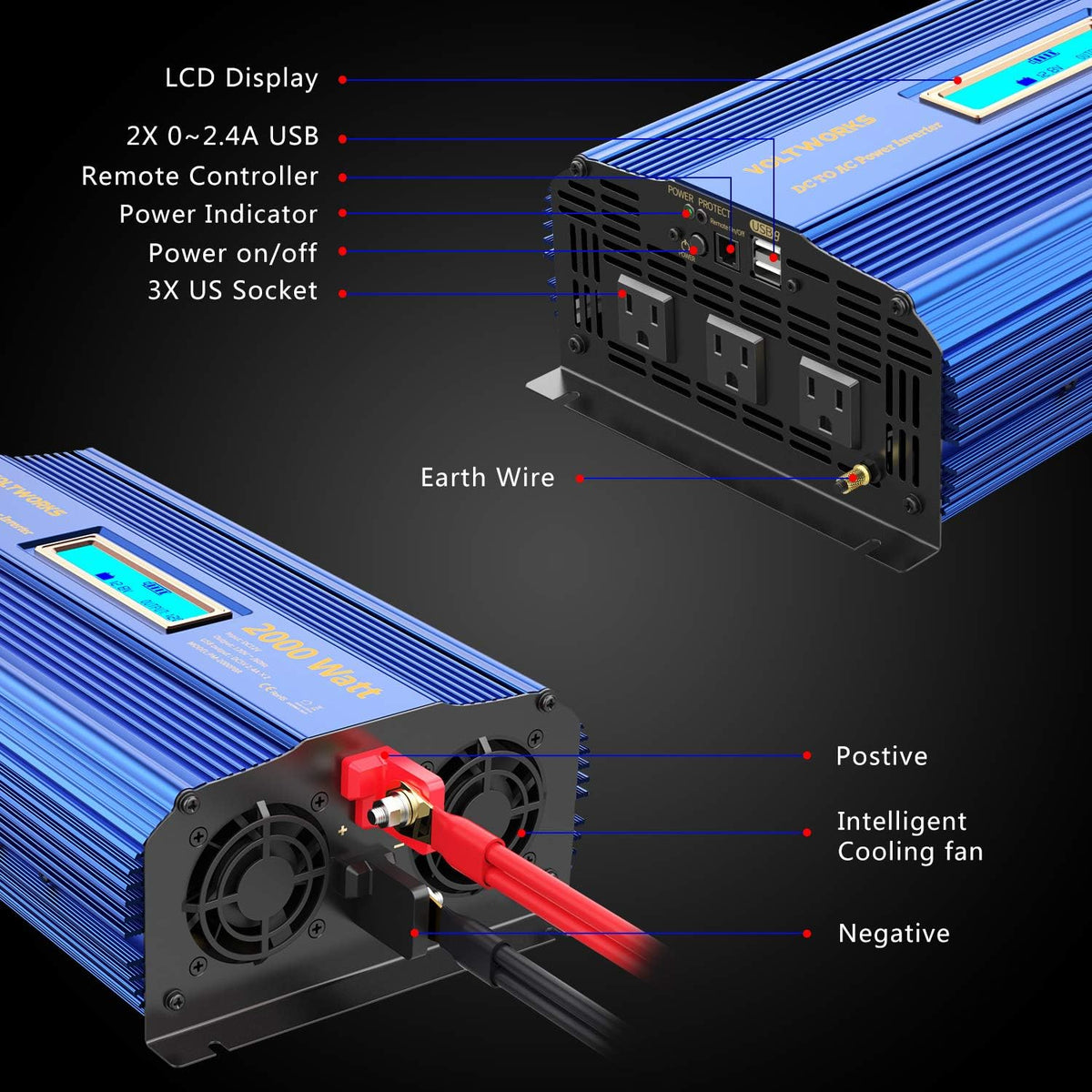 2000W DC 12V to AC 120V Modified Sine Wave Inverter with LCD Display Remote Control 3 AC Outlets Dual 2.4A USB Ports Q318121