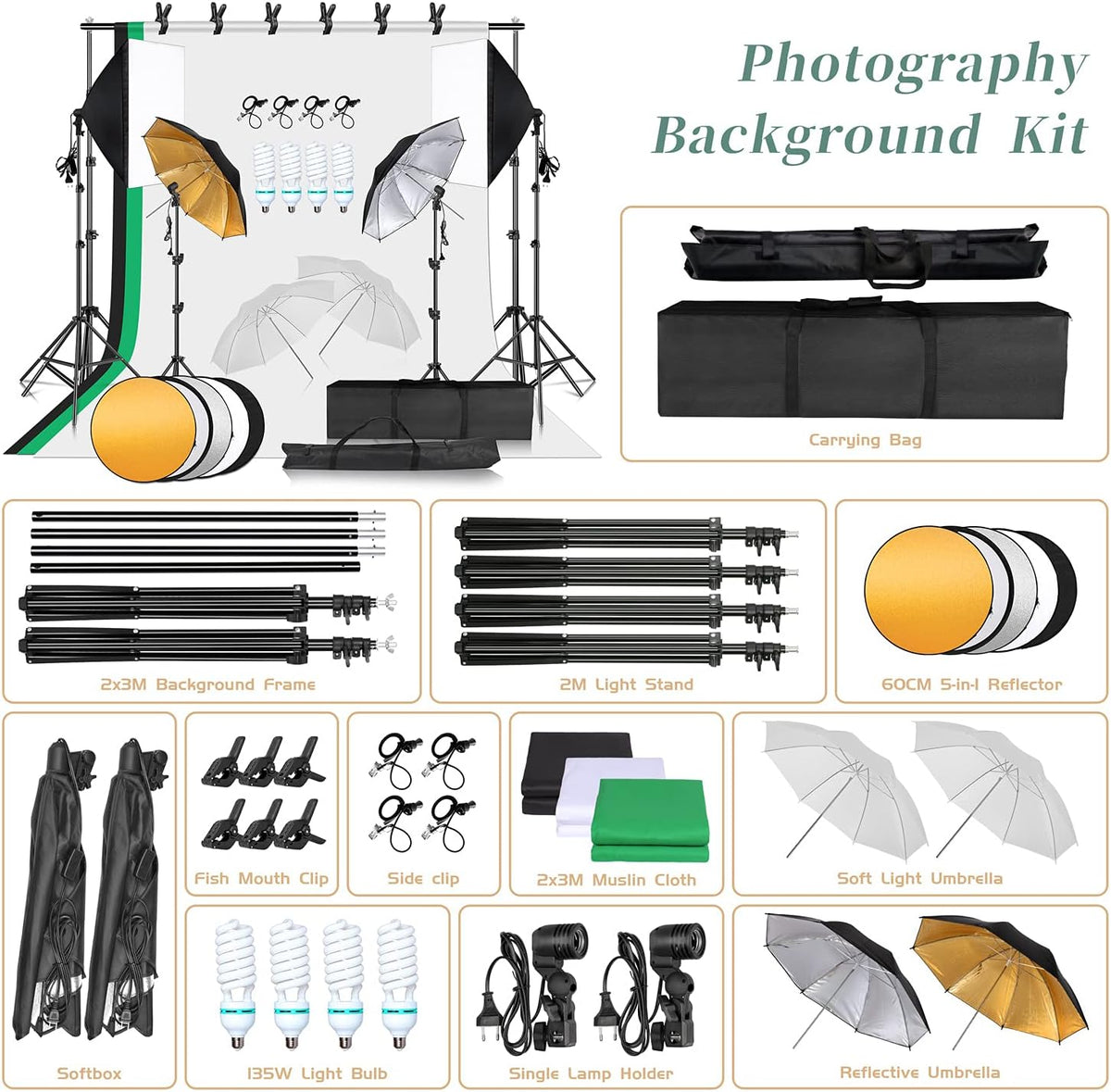 Photography Lighting Kit 7X 10FT Background Support System Softbox Continuous Lighting Kit E2503