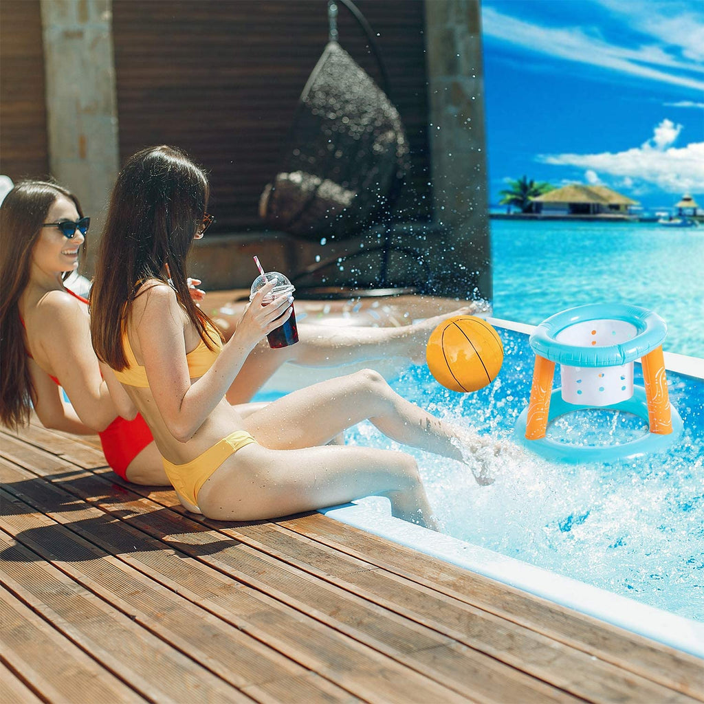 2-in-1 Floating Pool Volleyball Set & Basketball Hoop with Net, Weight Bags, Inflatable, Light Blue A2056