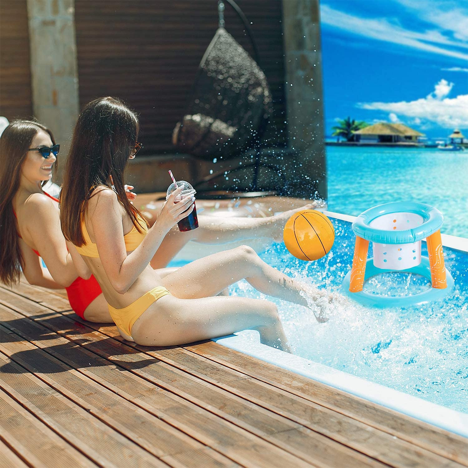 2-in-1 Floating Pool Volleyball Set & Basketball Hoop with Net, Weight Bags, Inflatable, Light Blue A2056