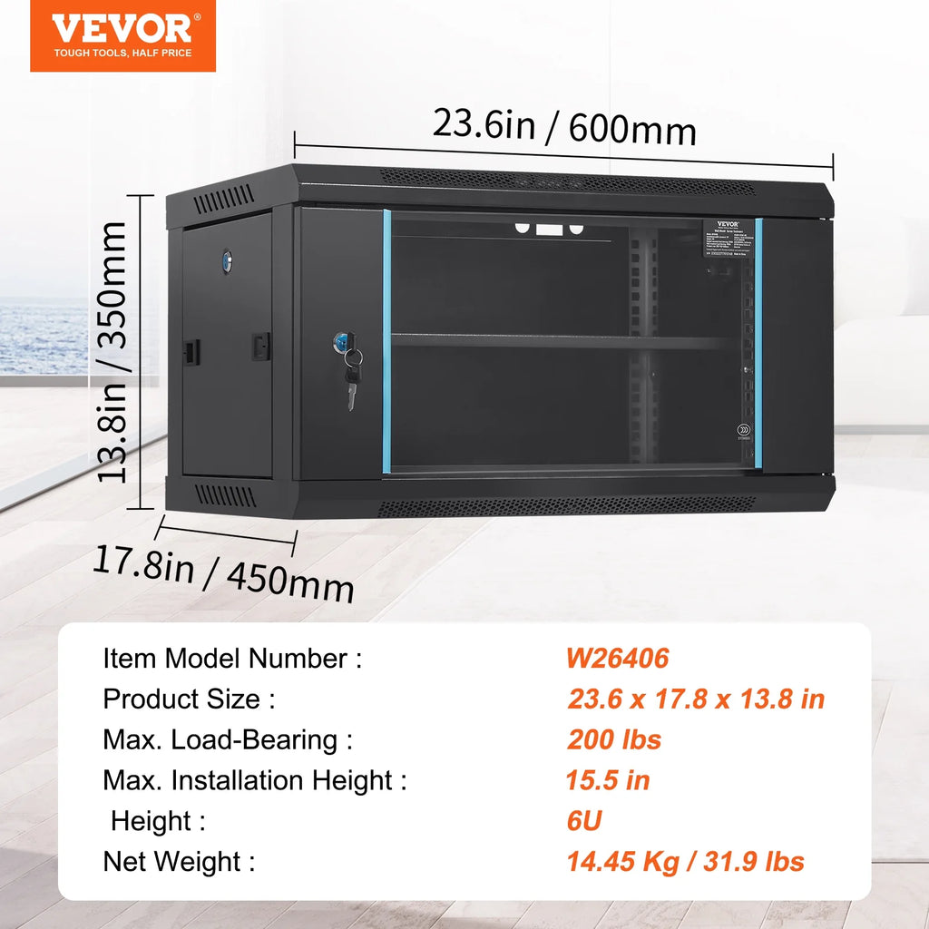 6U 13.8'' Wall Mount Network Server Rack Cabinet Enclosure with Door Lock, 2 Shelves T91865