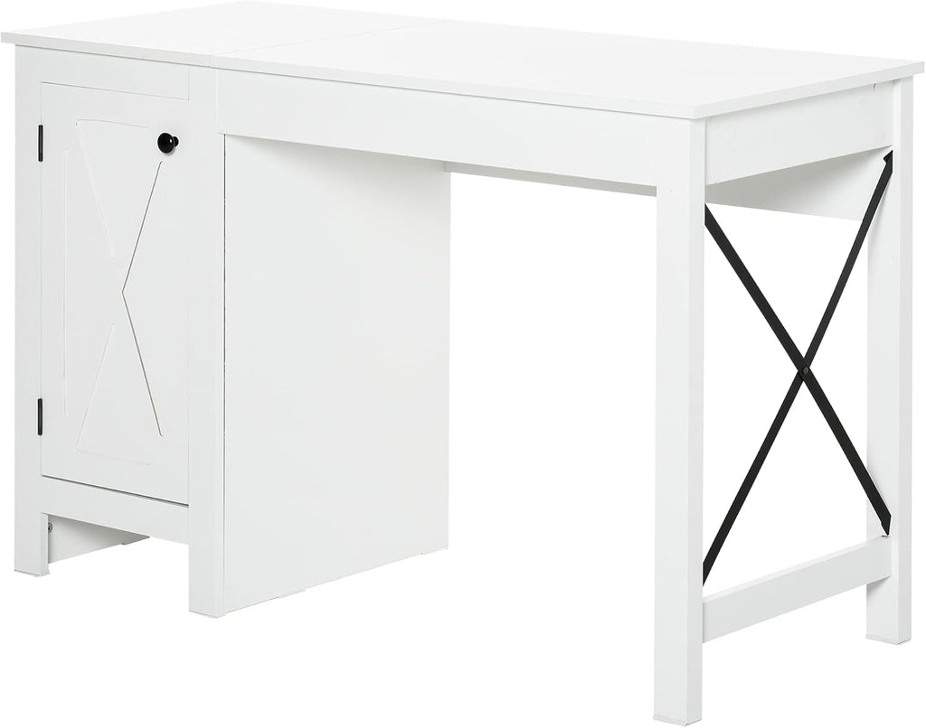 White Writing Desk with Lower Storage Cabinet and Metal Frame V450
