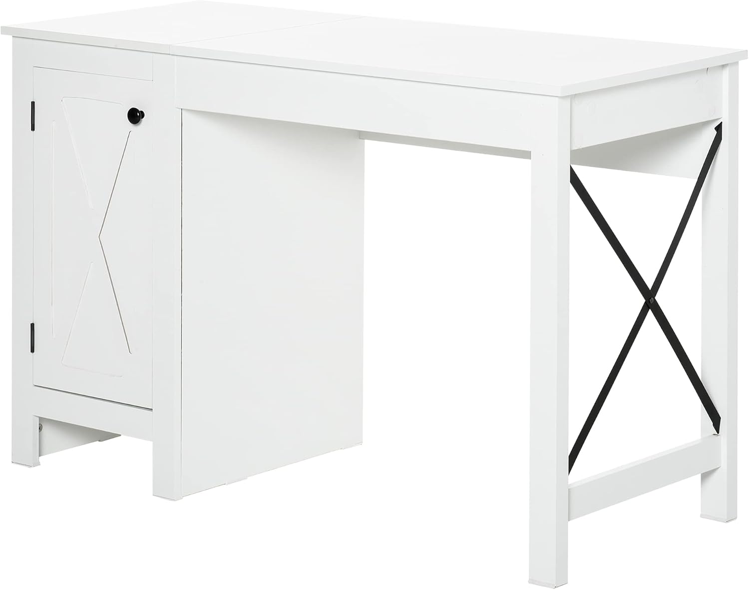 White Writing Desk with Lower Storage Cabinet and Metal Frame V450