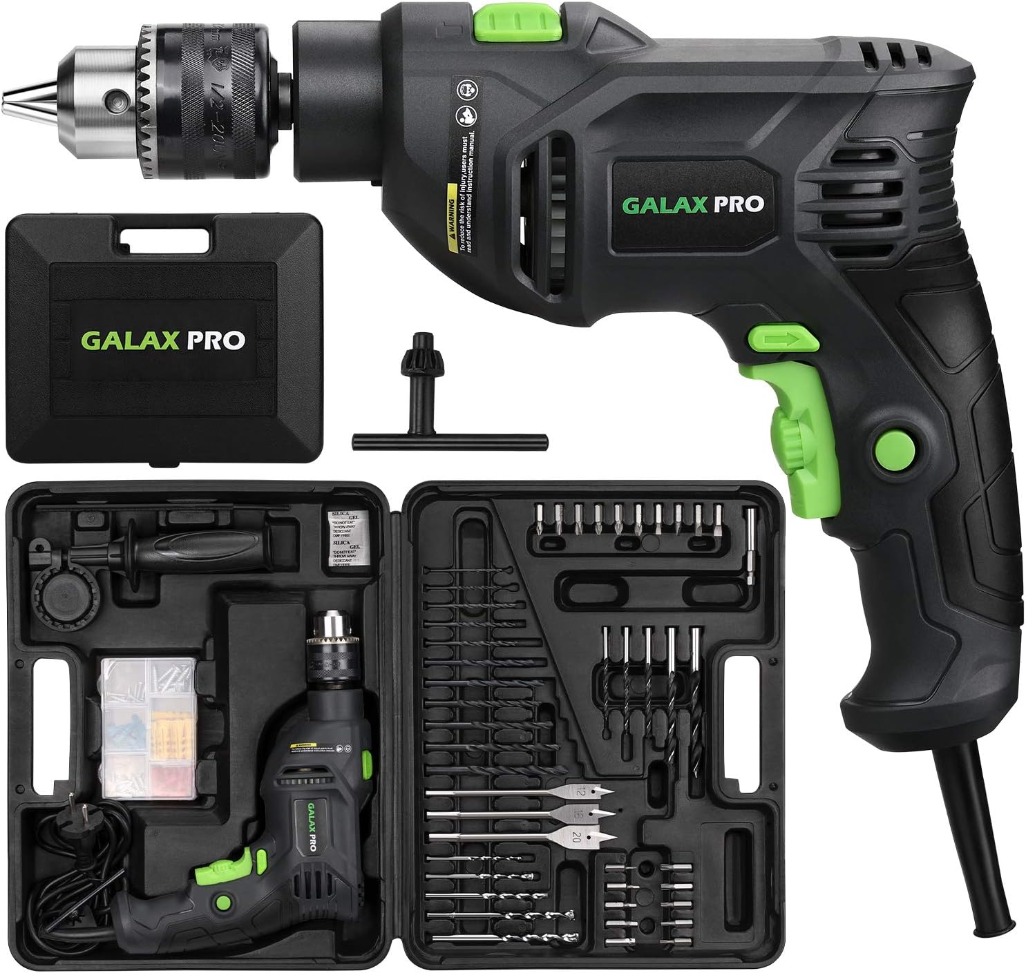 5Amp 1/2-inch Corded Impact Drill with 105pcs Accessories, Variable Speed 0-3000, Hammer and Drill 2 Functions in 1, 360°Rotating Handle, Depth Gauge, Carrying Case Included Pack of 2 Q373