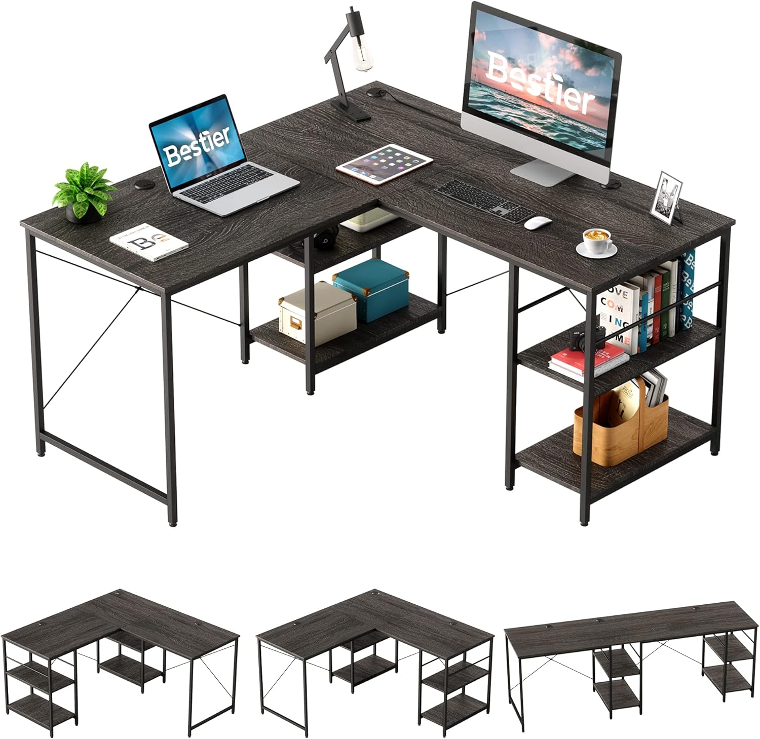 Grey Oak L Shaped Desk with Shelves T26493