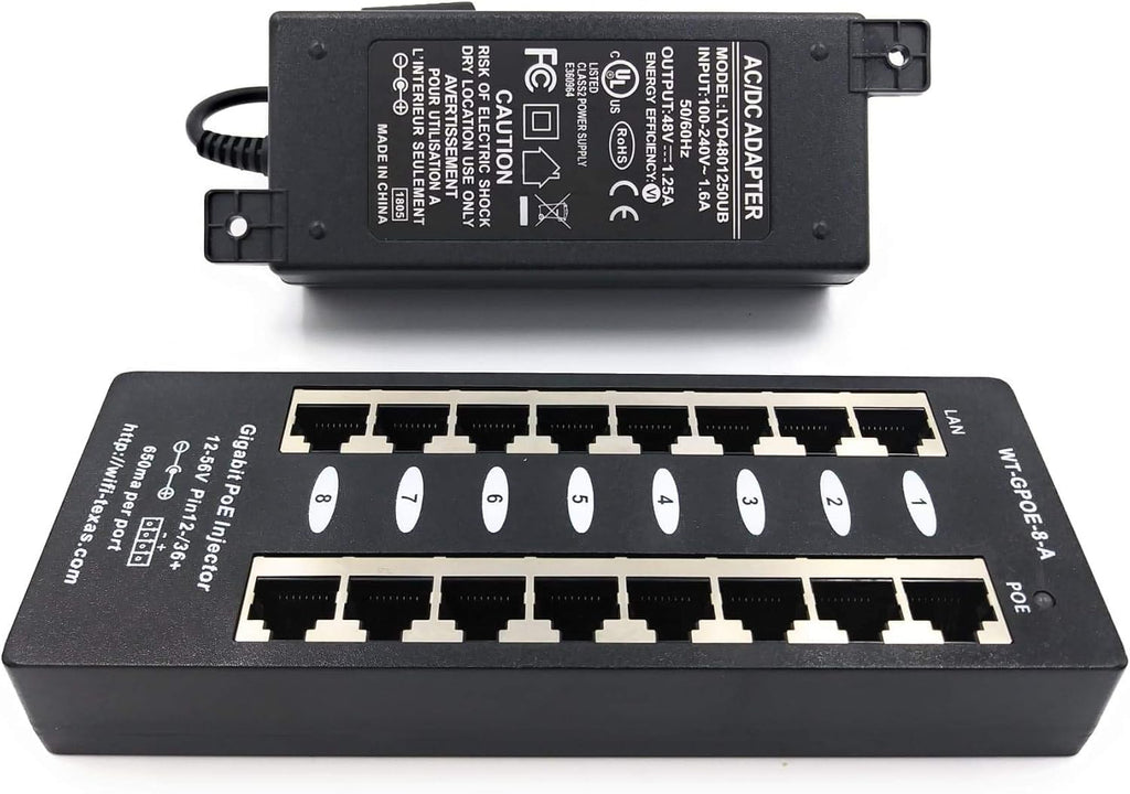 8 Port Gigabit Passive PoE Injector with 48 Volt 60 Watt Power Supply V12600