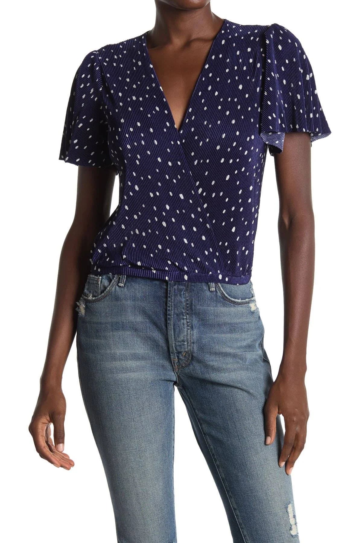 Short Sleeve Plisse Top - Navy Dot K5417