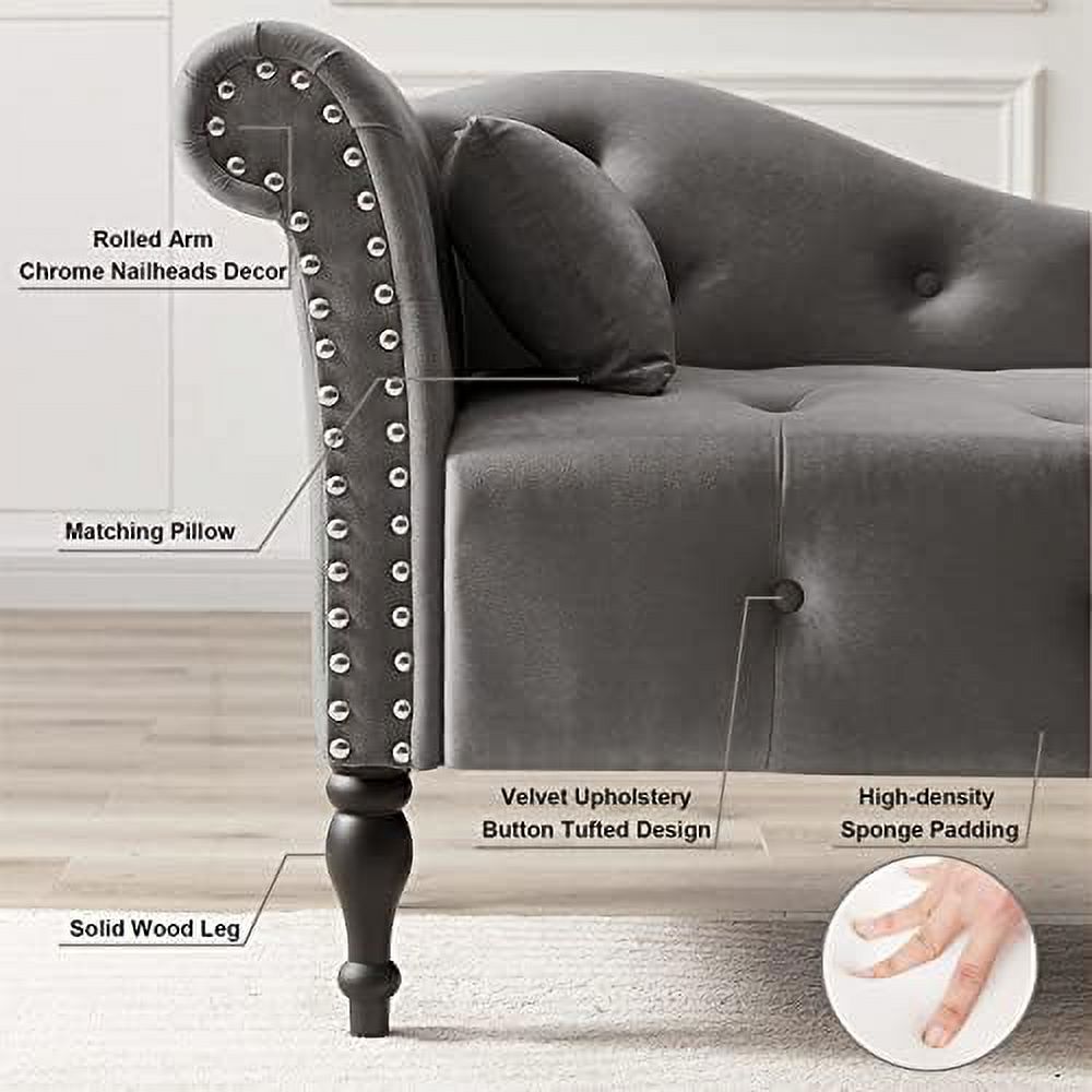 Grey Velvet Tufted Chaise Lounge Chair with Pillow O26680
