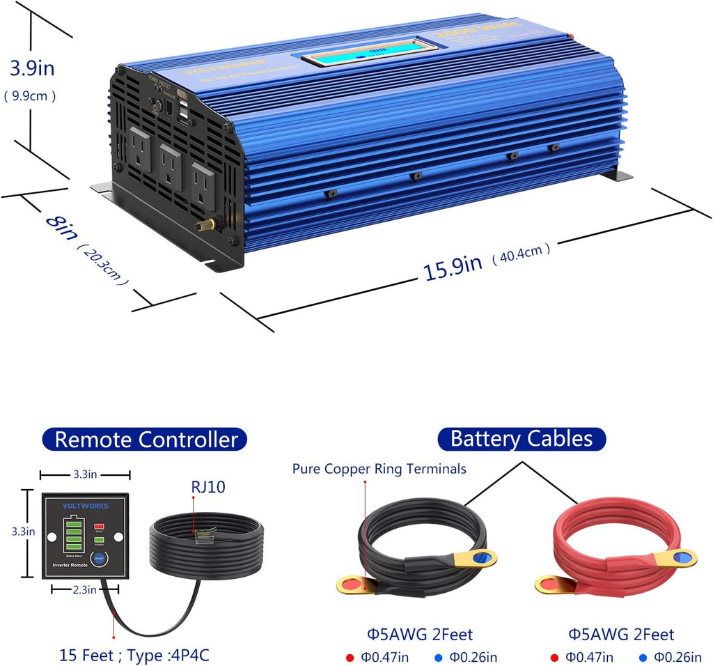 2000W DC 12V to AC 120V Modified Sine Wave Inverter with LCD Display Remote Control 3 AC Outlets Dual 2.4A USB Ports Q318121