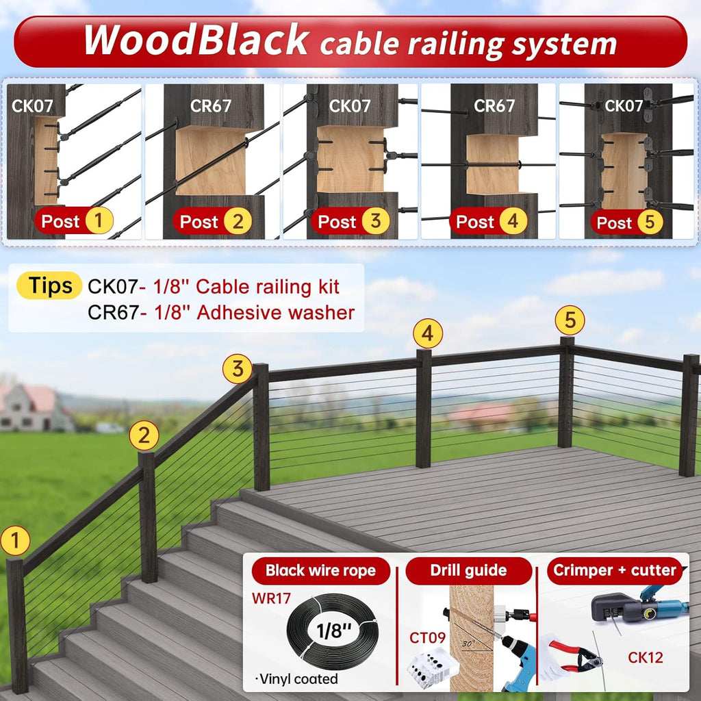 Black Cable Railing Kit 10 Set T316 Stainless Steel Hardware R1649