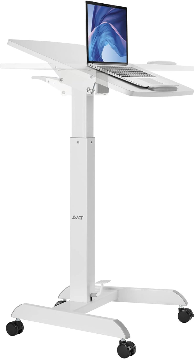 Height Adjustable Mobile Workstation with Tilting Desk, Pneumatic Standing Desk Cart, White Cart with Brake Casters L263060
