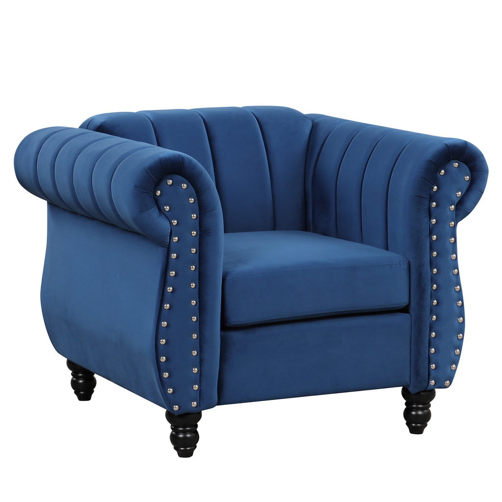 Blue Buttoned Tufted Sofa with Solid Wood Legs B59610