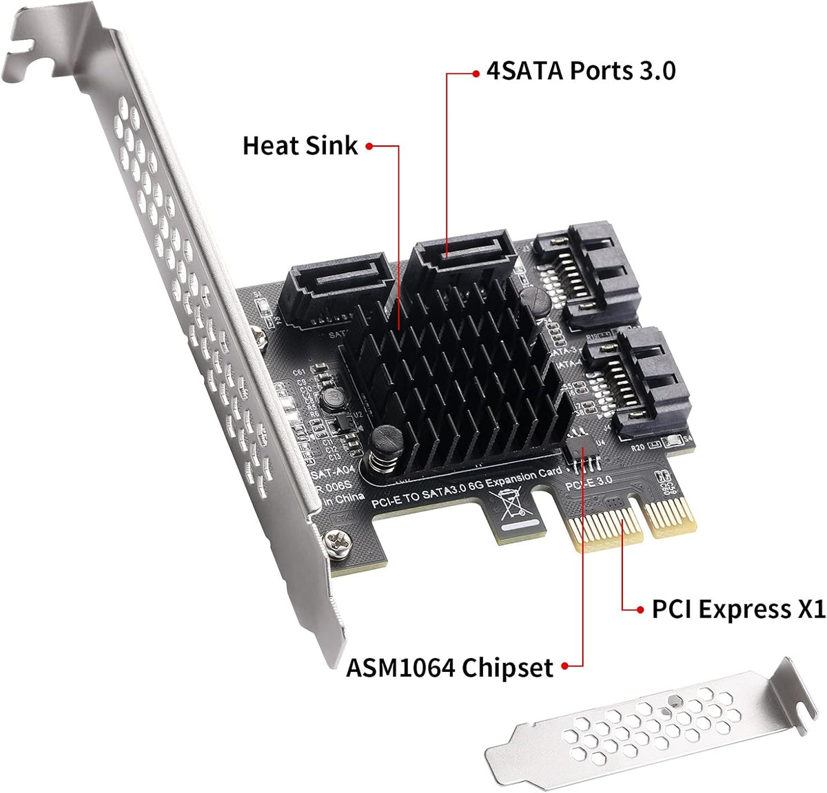 PCIe SATA Card 4 Ports, SATA III 6 Gbps Controller Expansion Card, Non-Raid, with Low Profile Bracket A82600