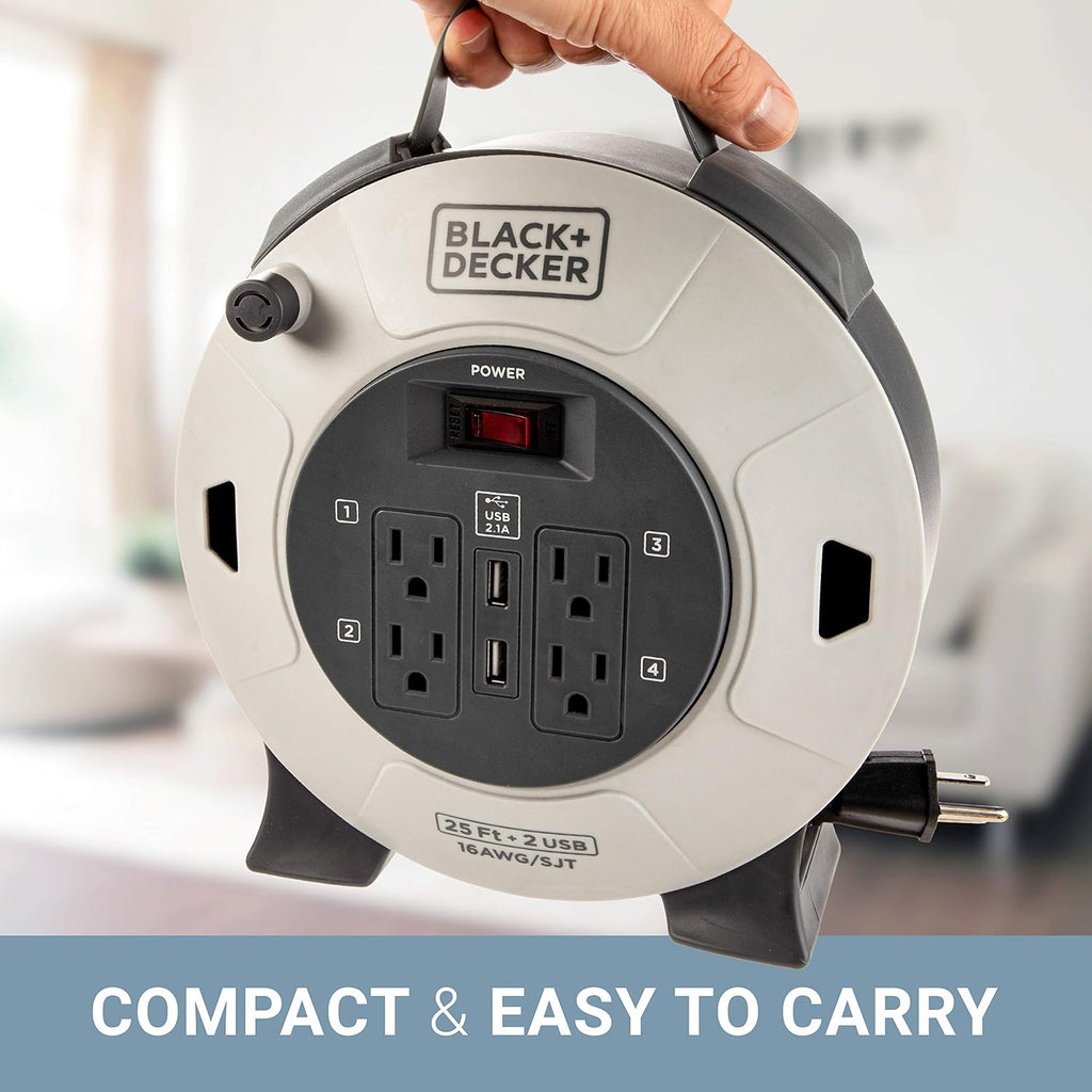 Retractable Extension Cord, 25 ft, 4 Outlets, 2 USB Ports, 16AWG SJT Cable D381621