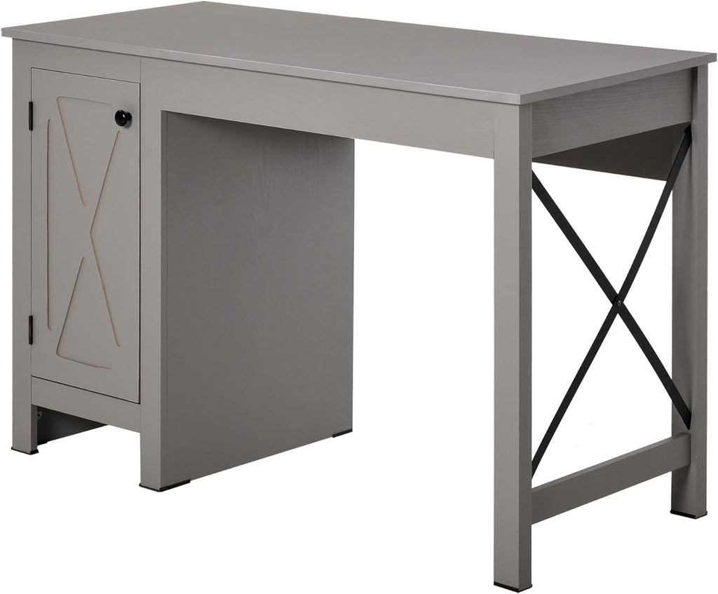 White Writing Desk with Lower Storage Cabinet and Metal Frame V450