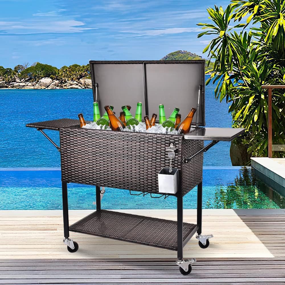 80 Quart Rattan Rolling Cooler Cart with Cutting Board Q815460