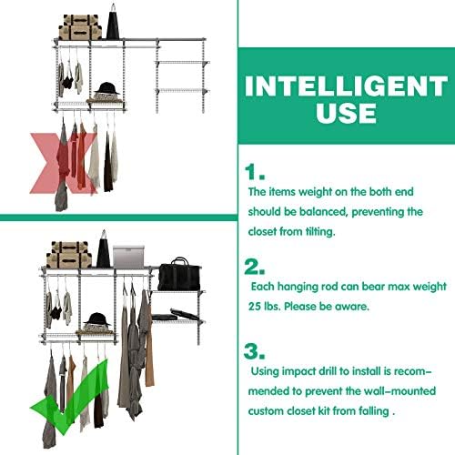 4 to 6 FT Wall-Mounted Closet Organizer Kit with Wire Shelving and Hanging Rods O328169