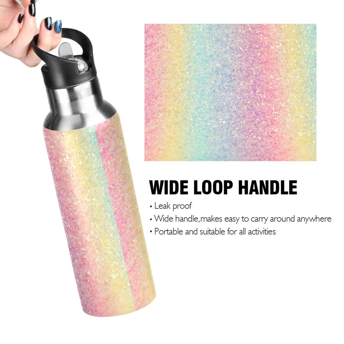 Rainbow Glitter Gradient Stainless Steel Vacuum Insulated Water Bottle with Straw Lid 20 OZ B900007