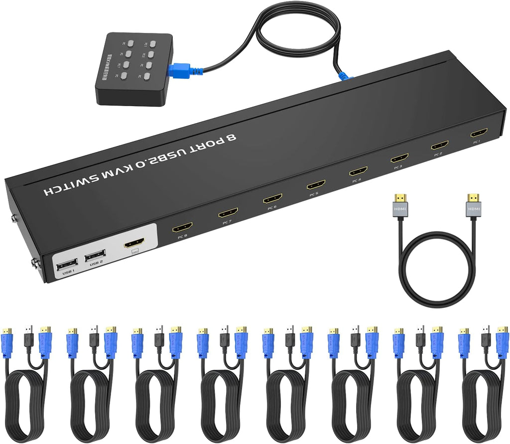 KVM Switch HDMI 8 Port 4K@30Hz 8 in 1 Out with 9pack Cables 4 USB 2.0 Hubs Desktop Selector IR Remote Rack Mount Ears P69364