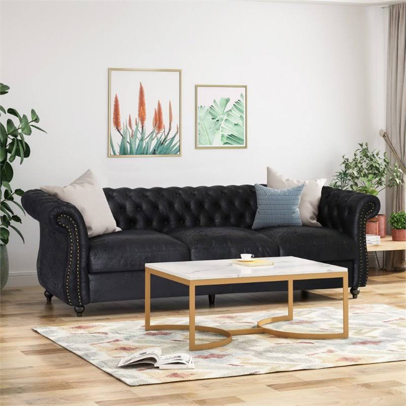 Black Tufted Microfiber Sofa T898579
