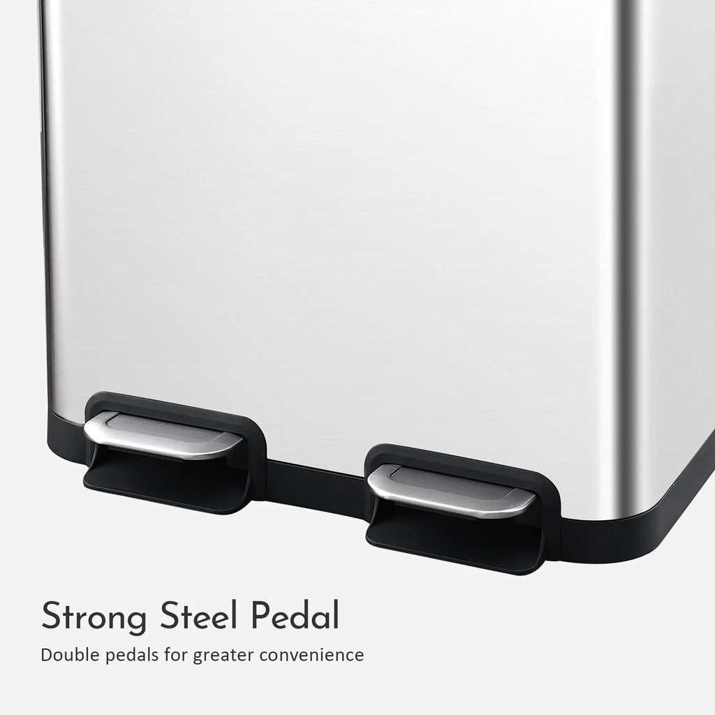 Dual Compartment Recycling Step Trash Can 13.2 Gallon Stainless Steel with 2 Removable Buckets and Lids T191508