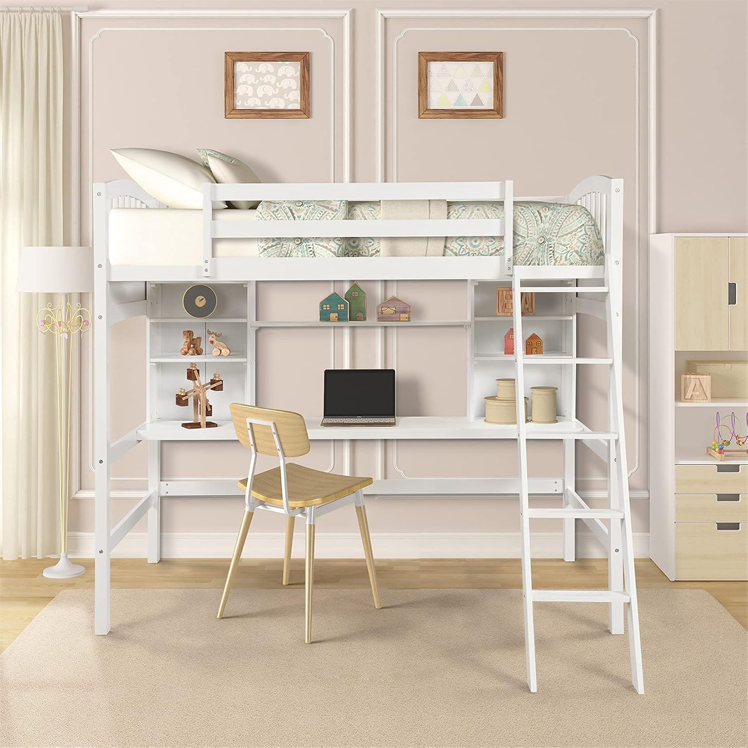 White Twin Wood Loft Bed with Desk and Bookcase Shelves H776928