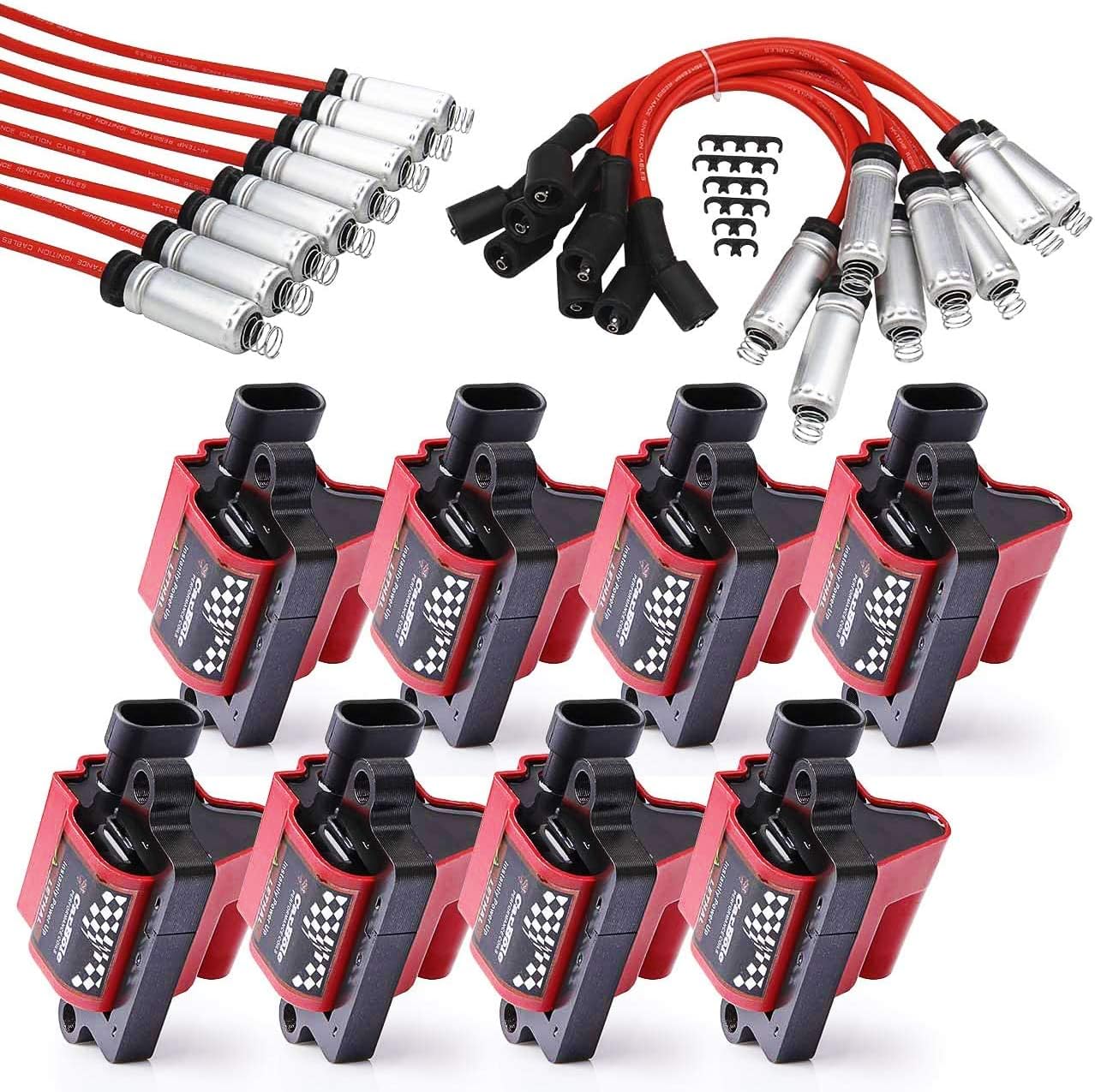 Ignition Coils and Wires Set, 8 Pieces Coil Packs and 8 Pieces 8mm Spark Plug Wires R5571