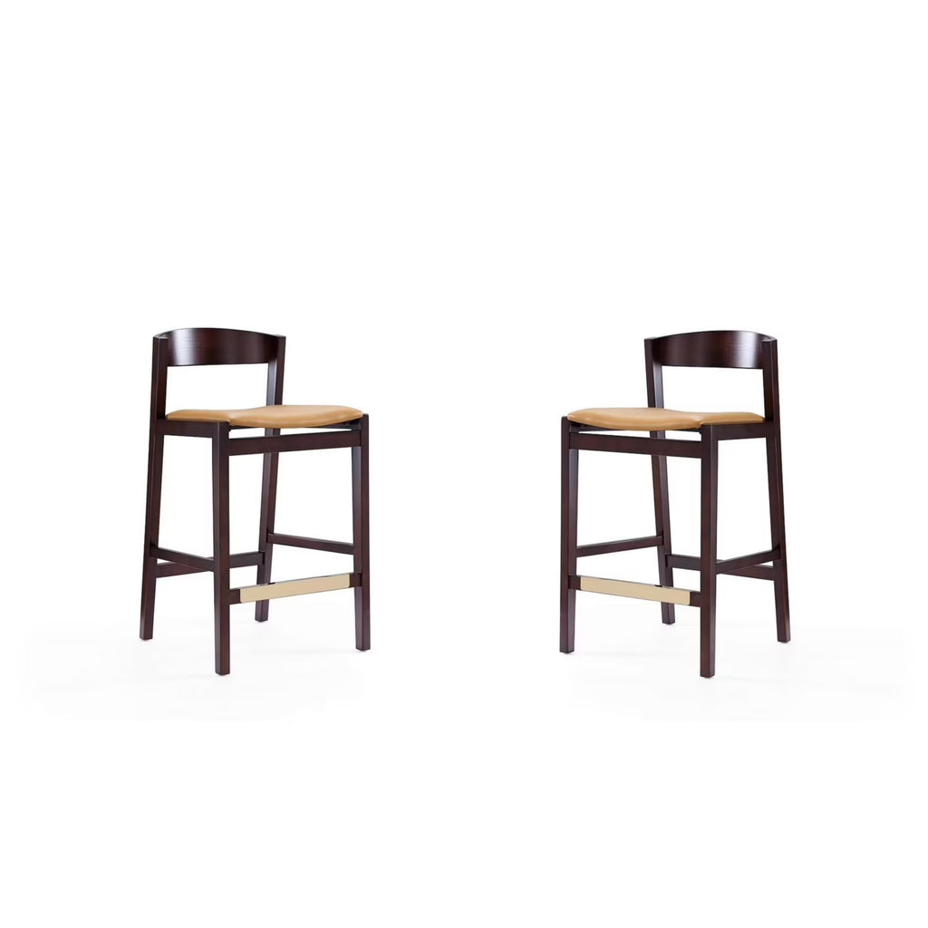 Camel and Dark Walnut Beech Wood Counter Height Bar Stool (Set of 2) W98227