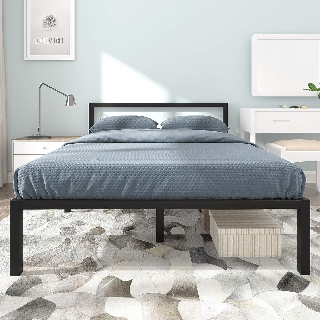 Full Size Black Metal Platform Bed Frame with Headboard S3223