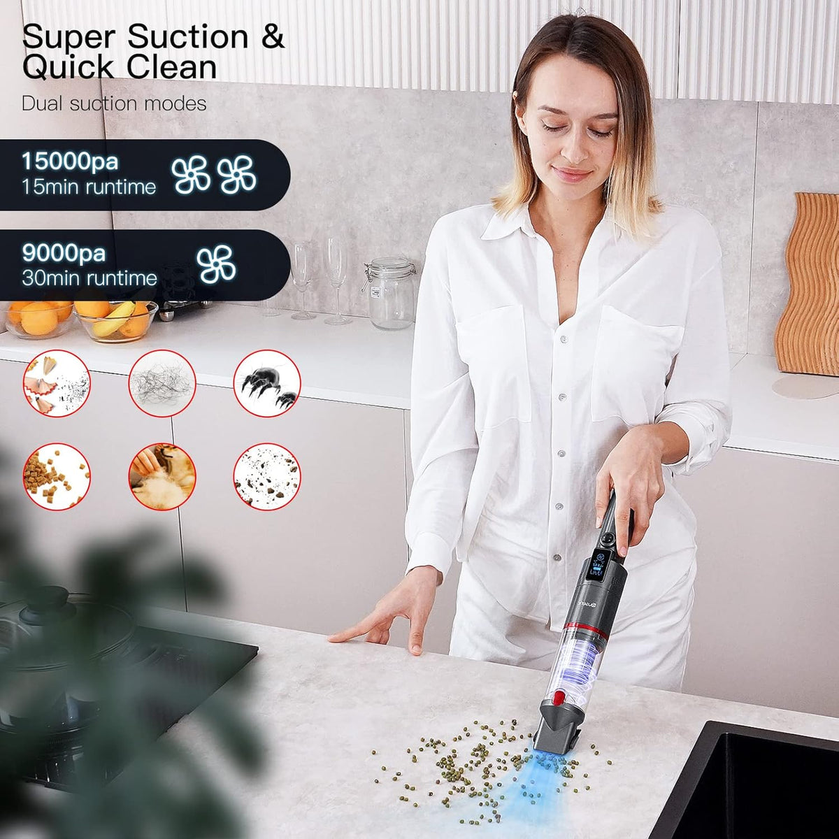 Handheld Cordless Vacuum, 15Kpa Suction, 30Min Run Time, 1.1 Pounds, LCD Display N746226