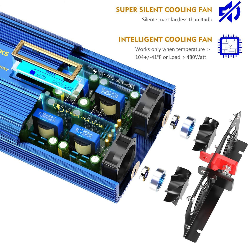 2000W DC 12V to AC 120V Modified Sine Wave Inverter with LCD Display Remote Control 3 AC Outlets Dual 2.4A USB Ports Q318121