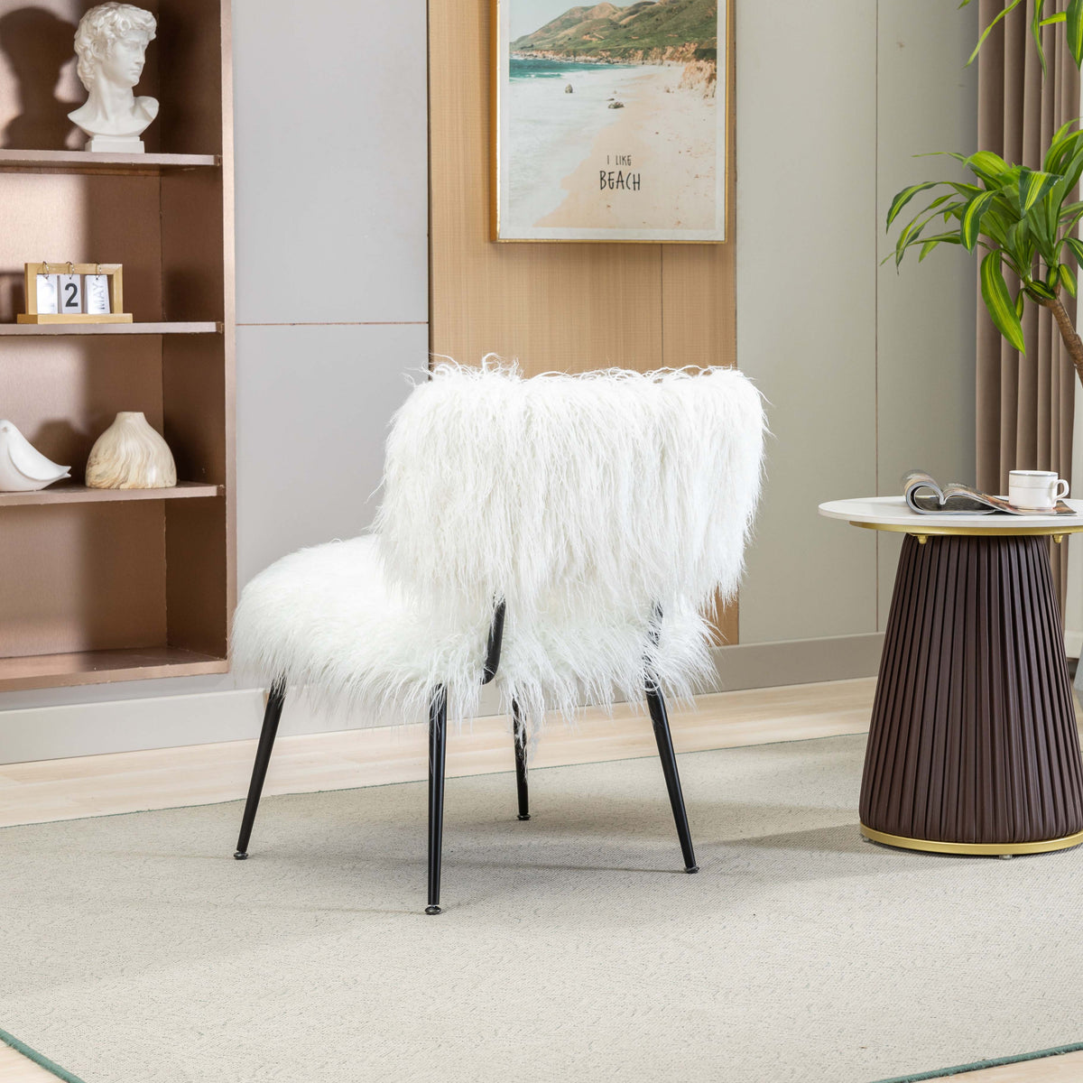 Ivory Faux Fur Plush Accent Chair With Ottoman X729132