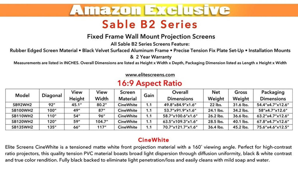 135x22 Fixed Frame Projection Screen 16:9 J1874