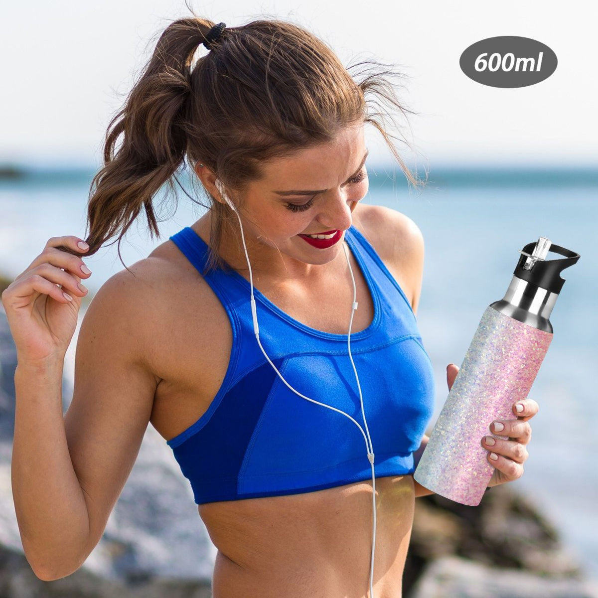 Rainbow Glitter Gradient Stainless Steel Vacuum Insulated Water Bottle with Straw Lid 20 OZ B900007