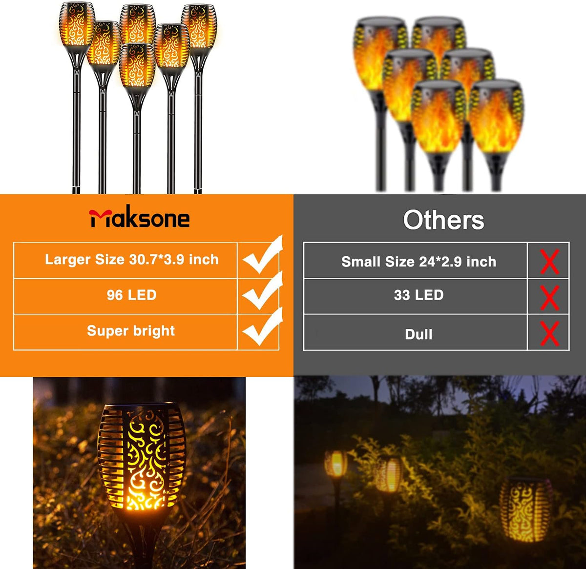 6 Pack Solar Outdoor Lights 96 LED Flickering Flames Waterproof I2061