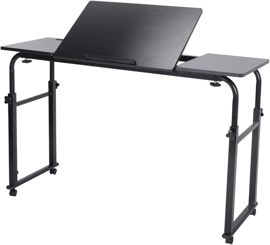 Overbed Table Mobile Computer Desk with Wheels Metal Legs Storage Shelves 47.24inch Black W8299
