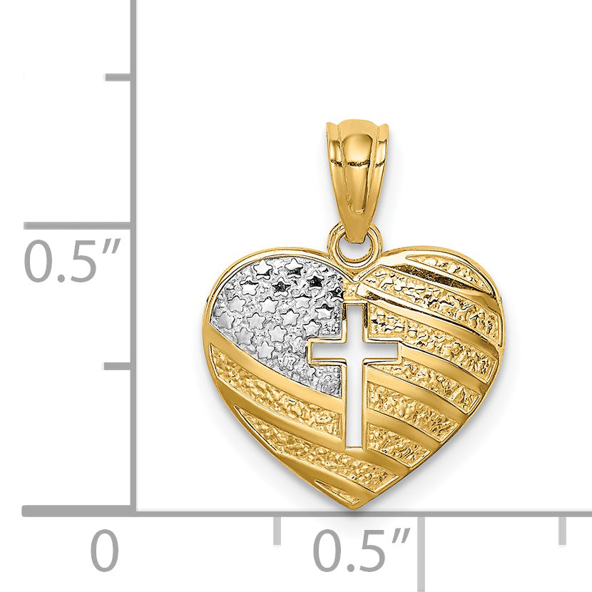 14K Two-Tone Gold Rhodium USA Flag Cross Heart Pendant Necklace S727