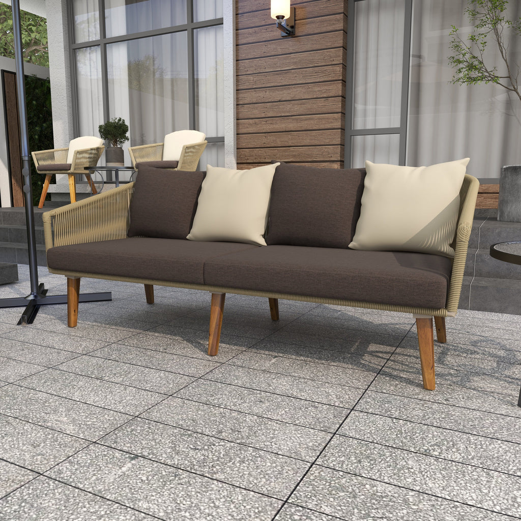 Gray Woven Rope Wood Outdoor Sofa with Polyester Cushions B466