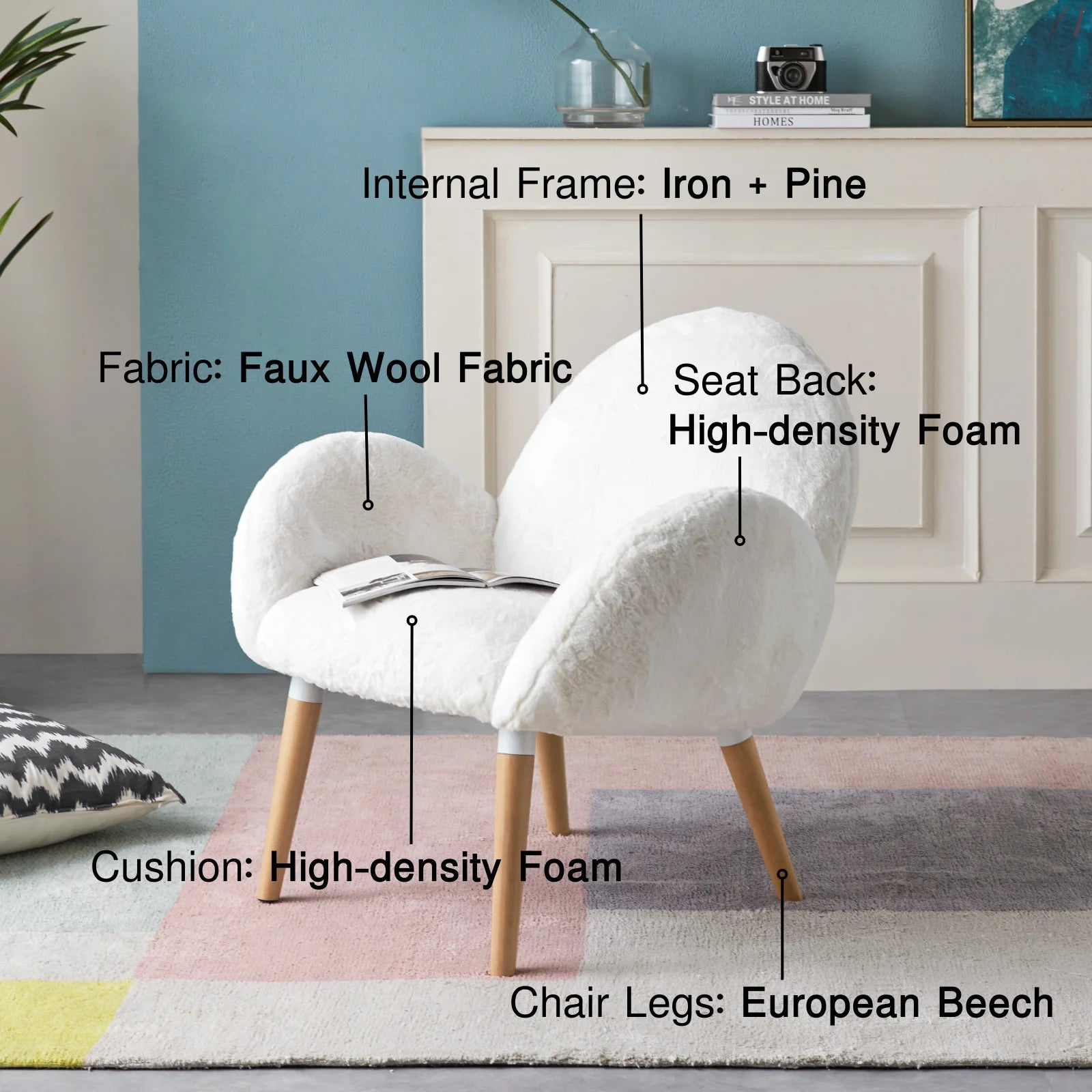 Sherpa Chair Faux Wool White Solid Wood Frame Arm Chair H325132