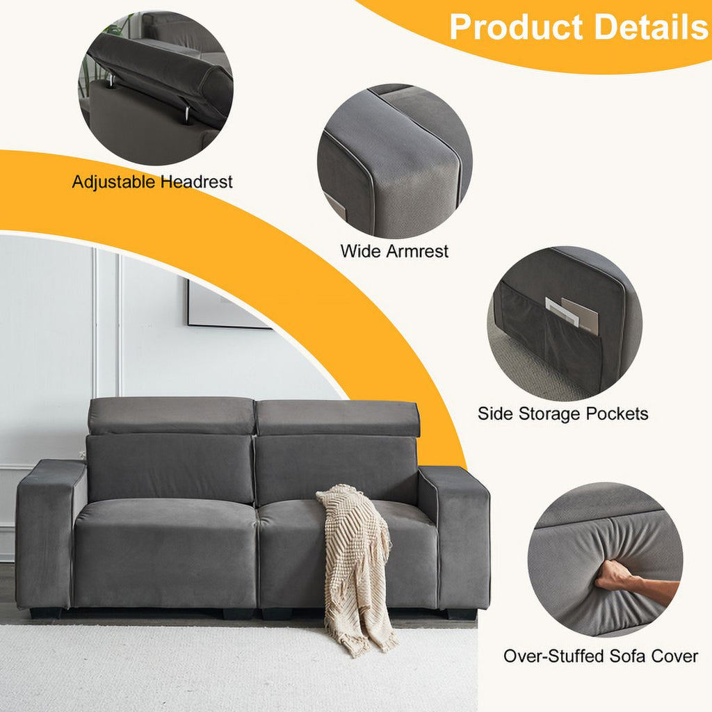 Dark Gray Velvet Two-Seater Sofa with Side Pockets R9317