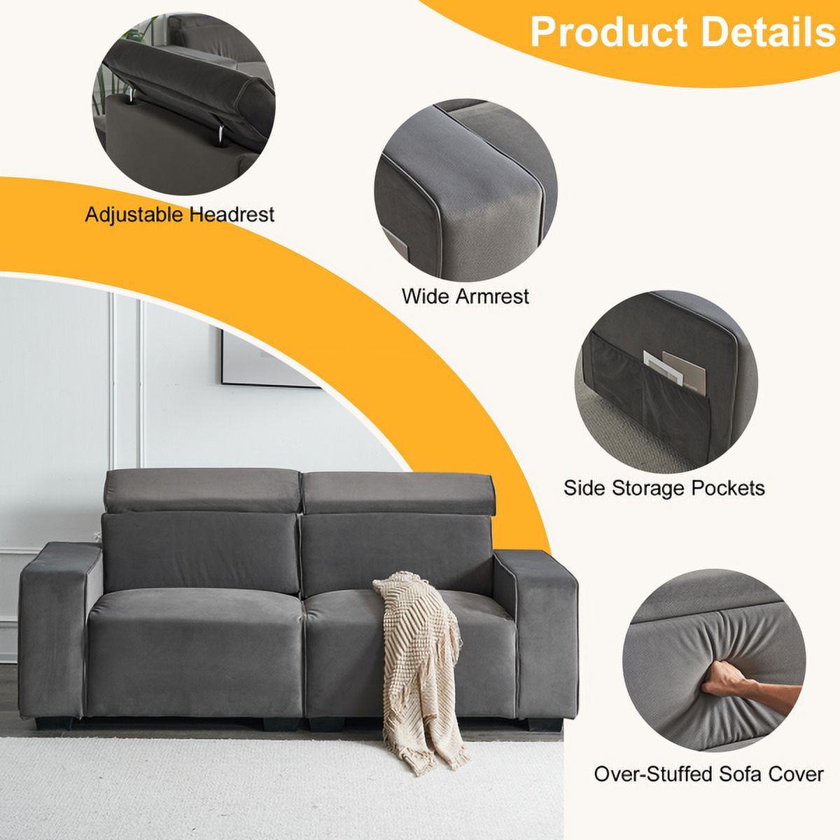 Dark Gray Velvet Two-Seater Sofa with Side Pockets R9317