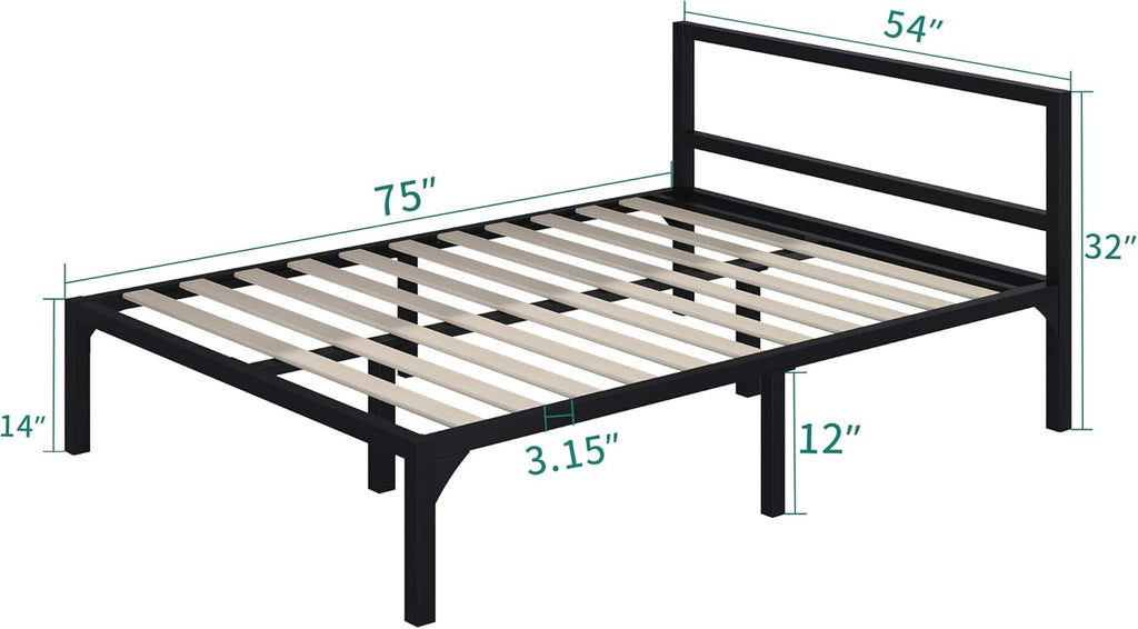 Full Size Black Metal Platform Bed Frame with Headboard S3223