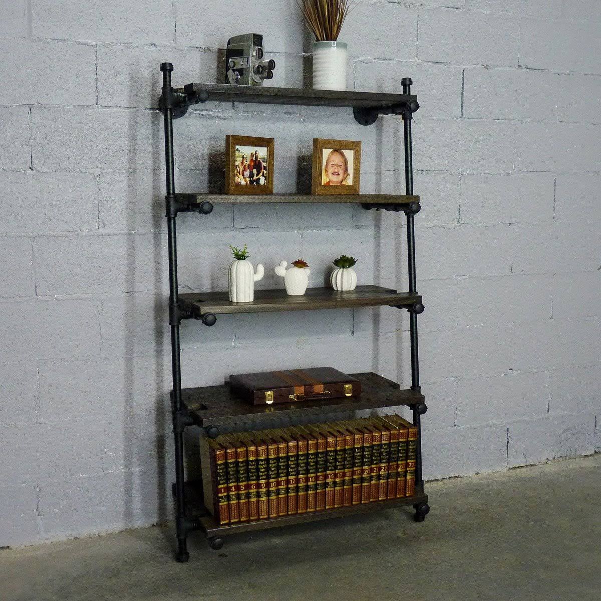 35-Inch Leaning Bookcase Brass Gray Metals with Natural Wood E5037