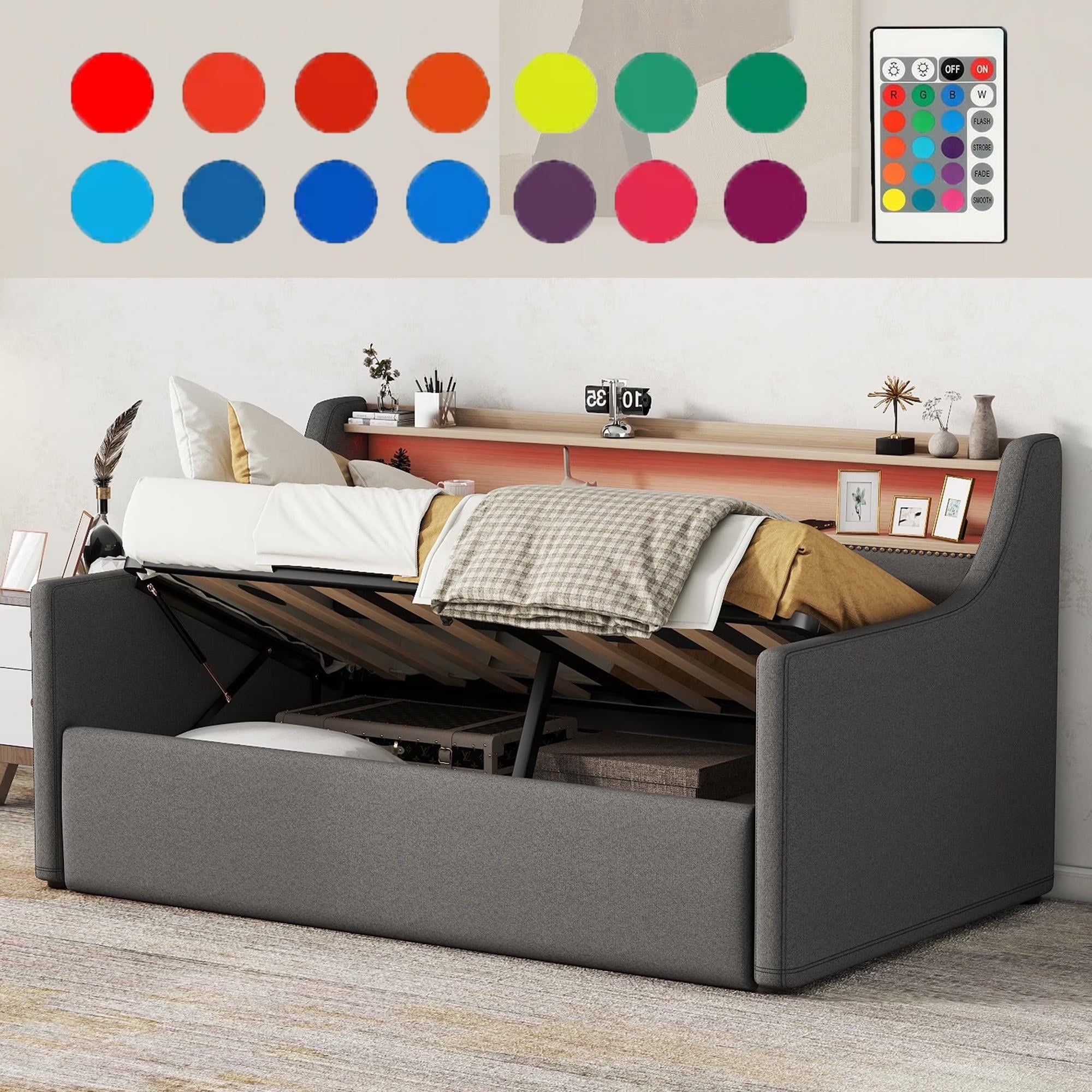 Twin Size Upholstered Sofa Bed Frame with Hydraulic Storage and LED Lights P387842