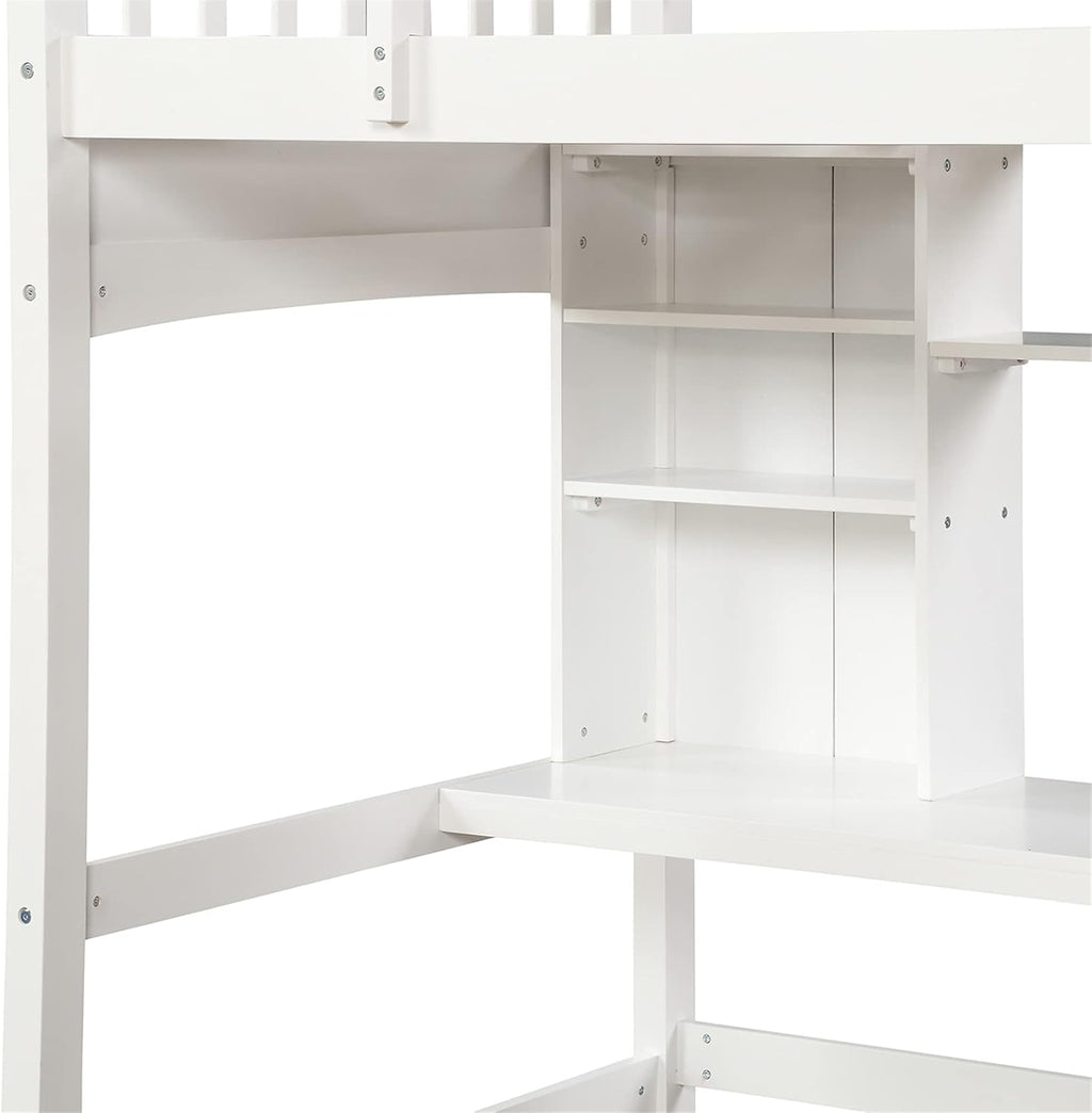 White Twin Wood Loft Bed with Desk and Bookcase Shelves H776928