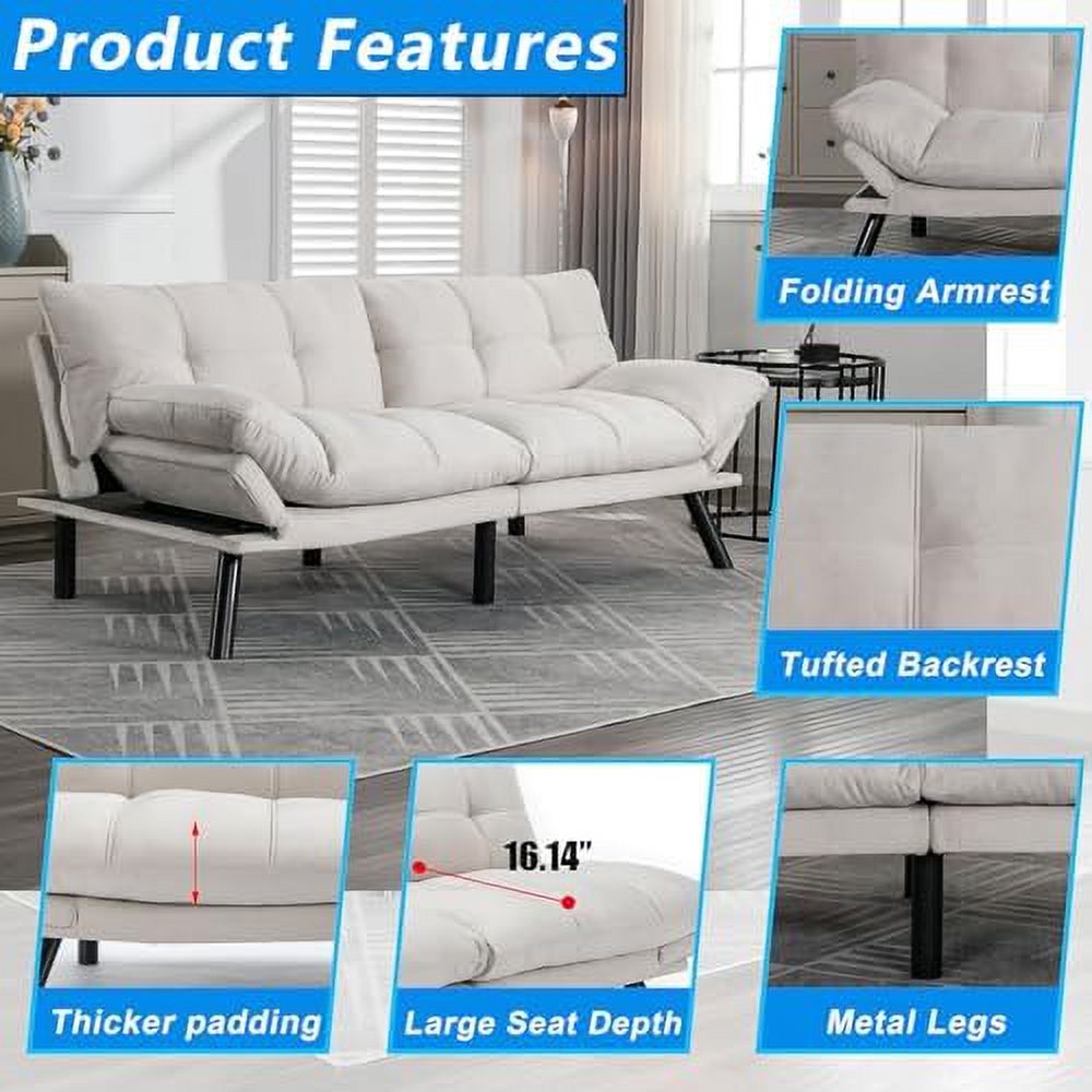 70" Modern Velvet Futon Sleeper Sofa Bed with Adjustable Backrests and Folding Armrest G69604